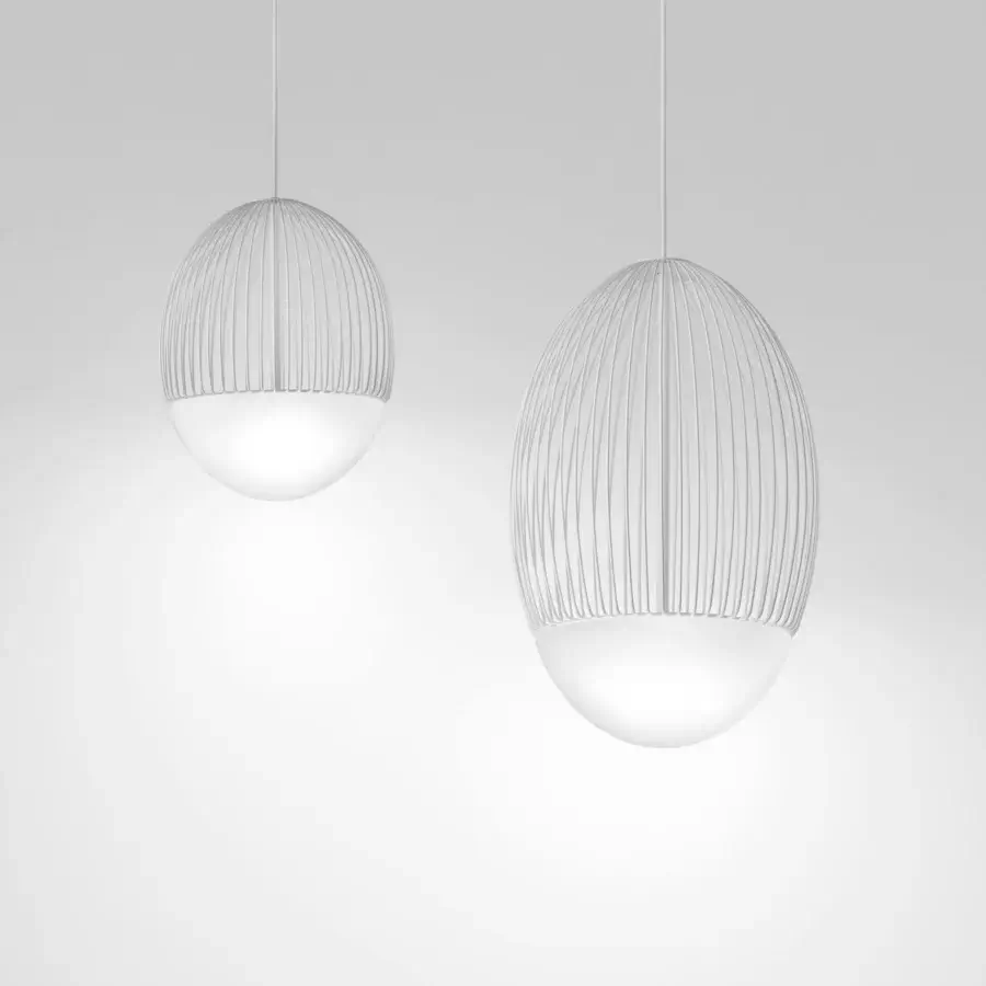 Architectural Vistosi Riketta suspension lamp with white opaline glass and a smooth matte metal rod cage