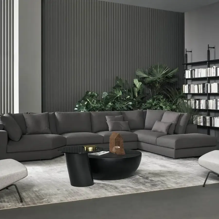 Distinguished Bonaldo Superhiro sectional with dark gray fabric upholstery and black painted metal cylindrical feet