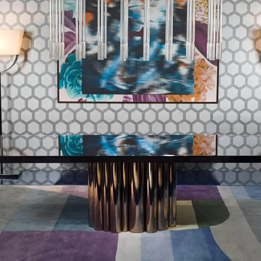 Exclusive Costantini Pietro Splendor table with a dark rectangular top and polished chrome cylindrical base crafted in Italian design