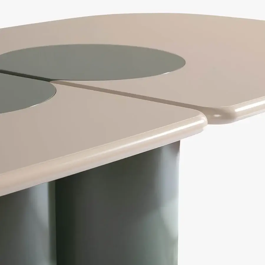 Distinctive Carpanese Home Ladybug table with pale beige lacquered top and muted olive green ash wood base crafted in Italy with glossy finish