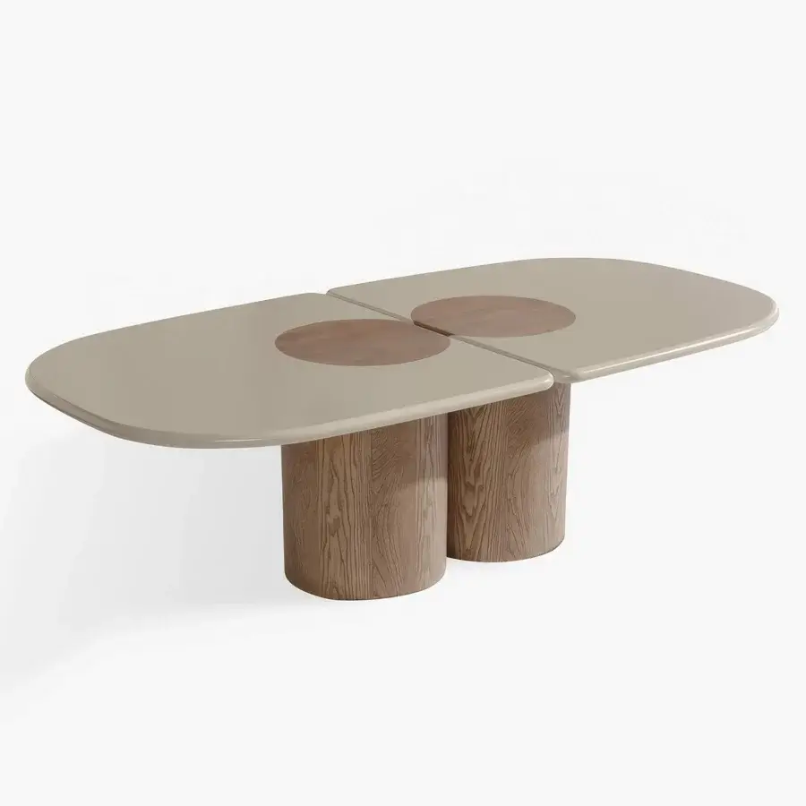 Distinctive Carpanese Home Ladybug table with pale beige lacquered top and ash wood base crafted in Italy