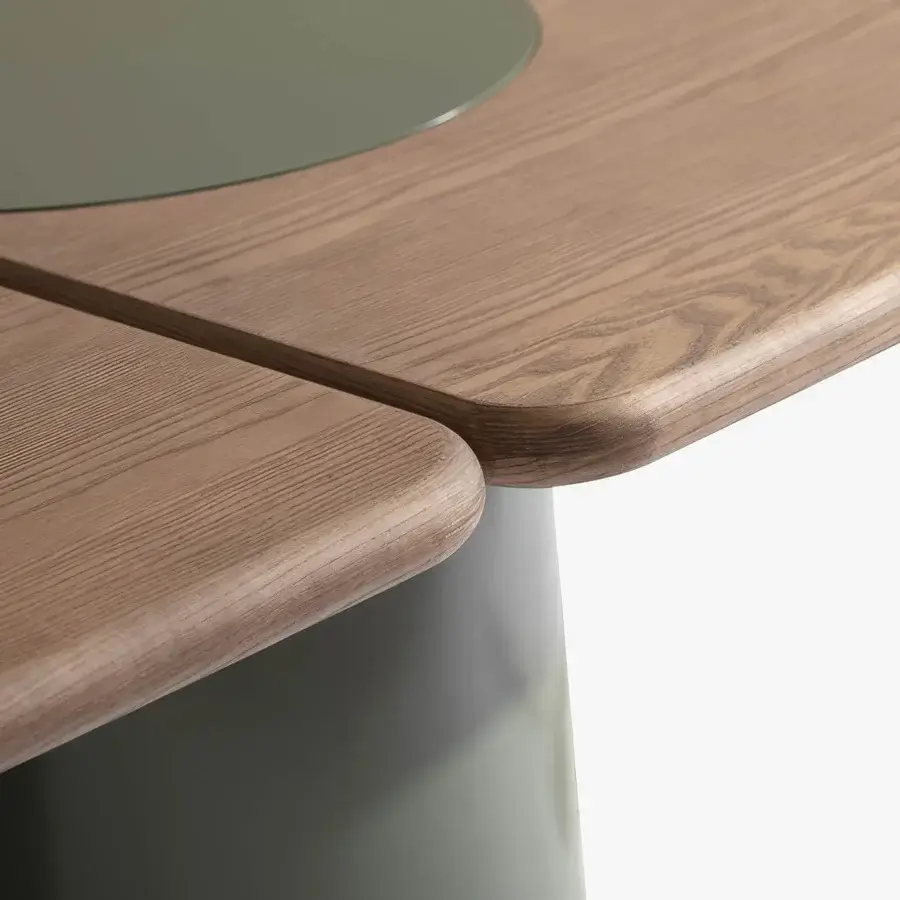 Exceptional Carpanese Home Ladybug table with rounded lines and green glass inserts in ash wood with muted green lacquered finish