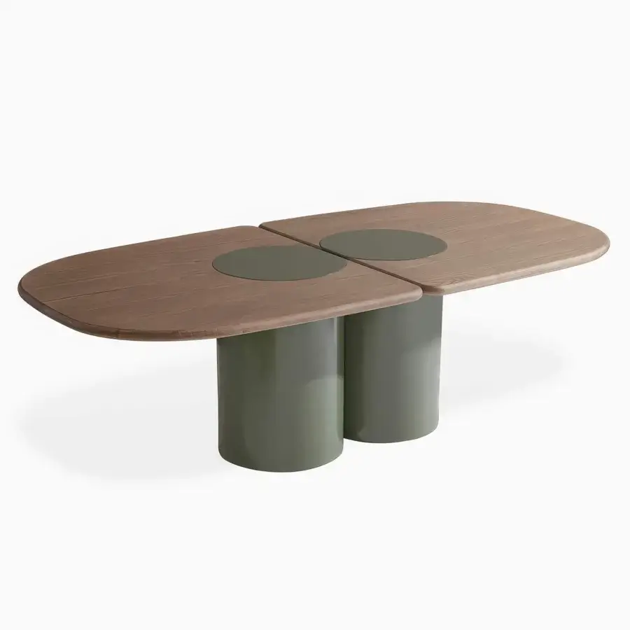 Distinguished Carpanese Home Ladybug table with flowing lines and a satin ash wood tabletop paired with muted olive-green lacquered cylindrical bases