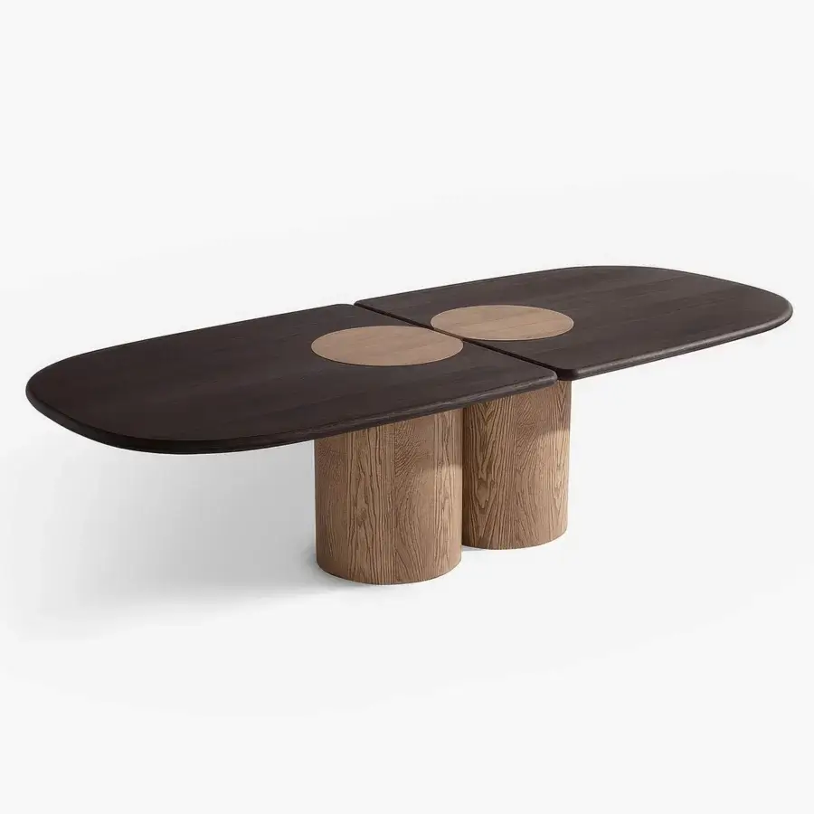Exceptional Carpanese Home Ladybug table crafted with dark matte ash wood and lighter wood inlays presenting sculptural bases