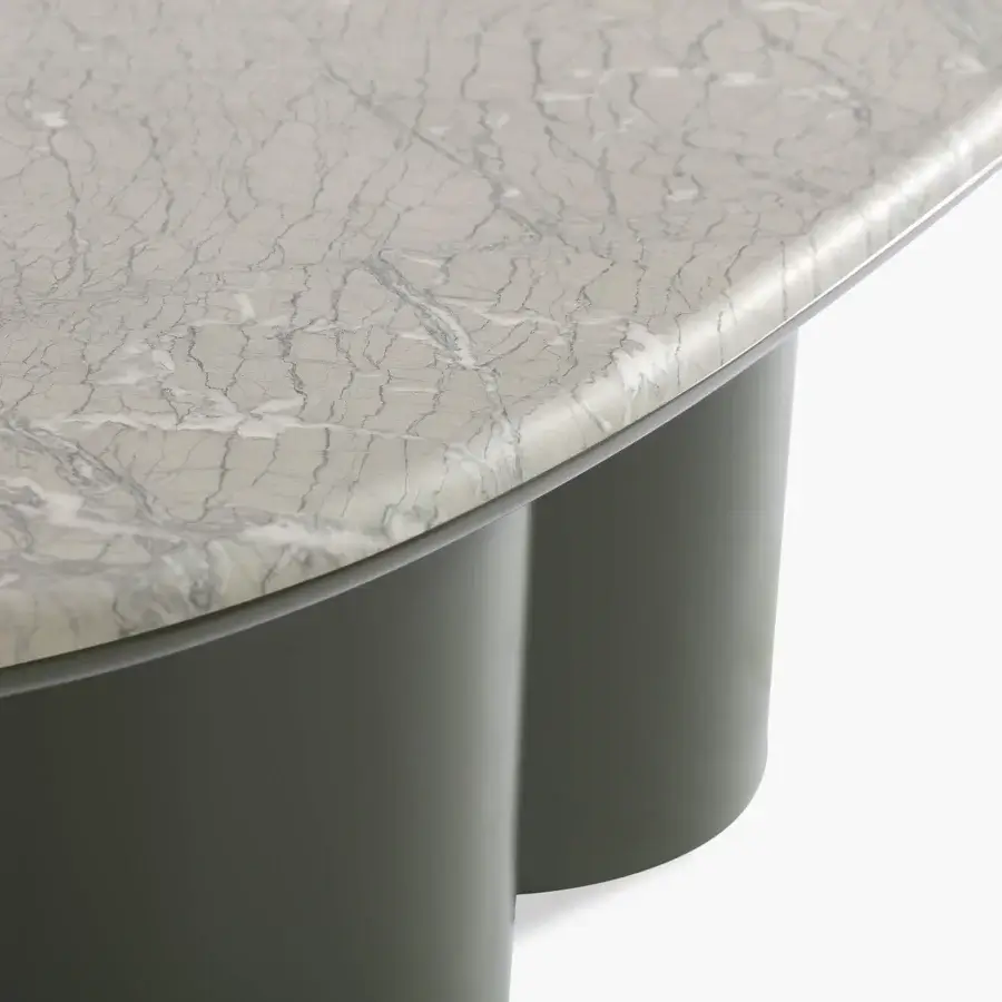 Distinguished Carpanese Home Ladybug table crafted in dark green lacquered ash wood with a marble tabletop and delicate grey veining