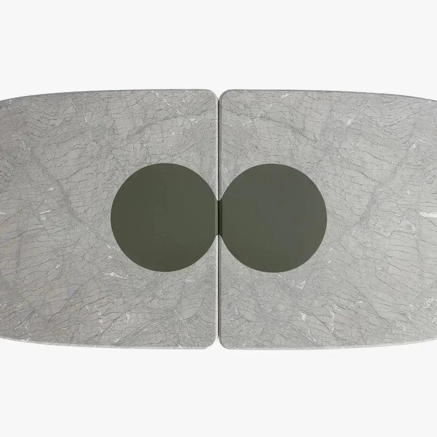 Elegant Carpanese Home Ladybug table with marble tabletop and lacquered cylindrical bases in balanced contemporary Italian design