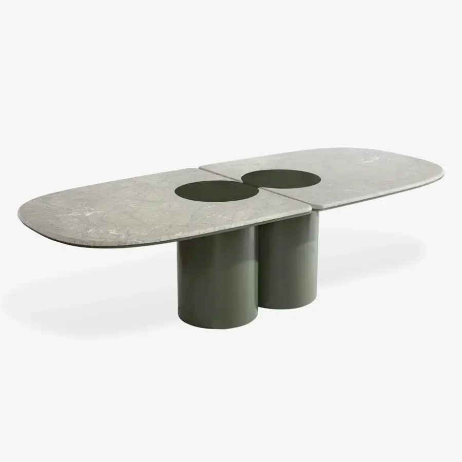 Architectural Ladybug table with light grey marble tabletop and muted olive-green lacquered cylindrical legs crafted in Italy