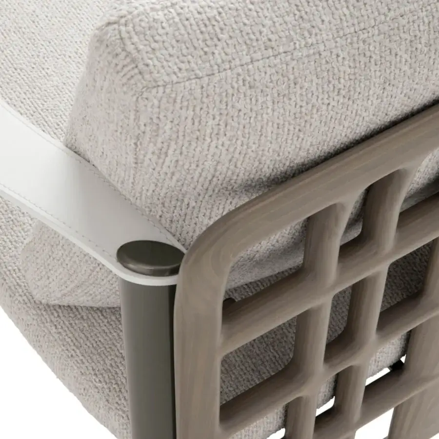 Distinguished Giorgetti Aldìa armchair crafted with sleek metal and satin-finish birch plywood with woven detailing in a neutral beige-grey palette