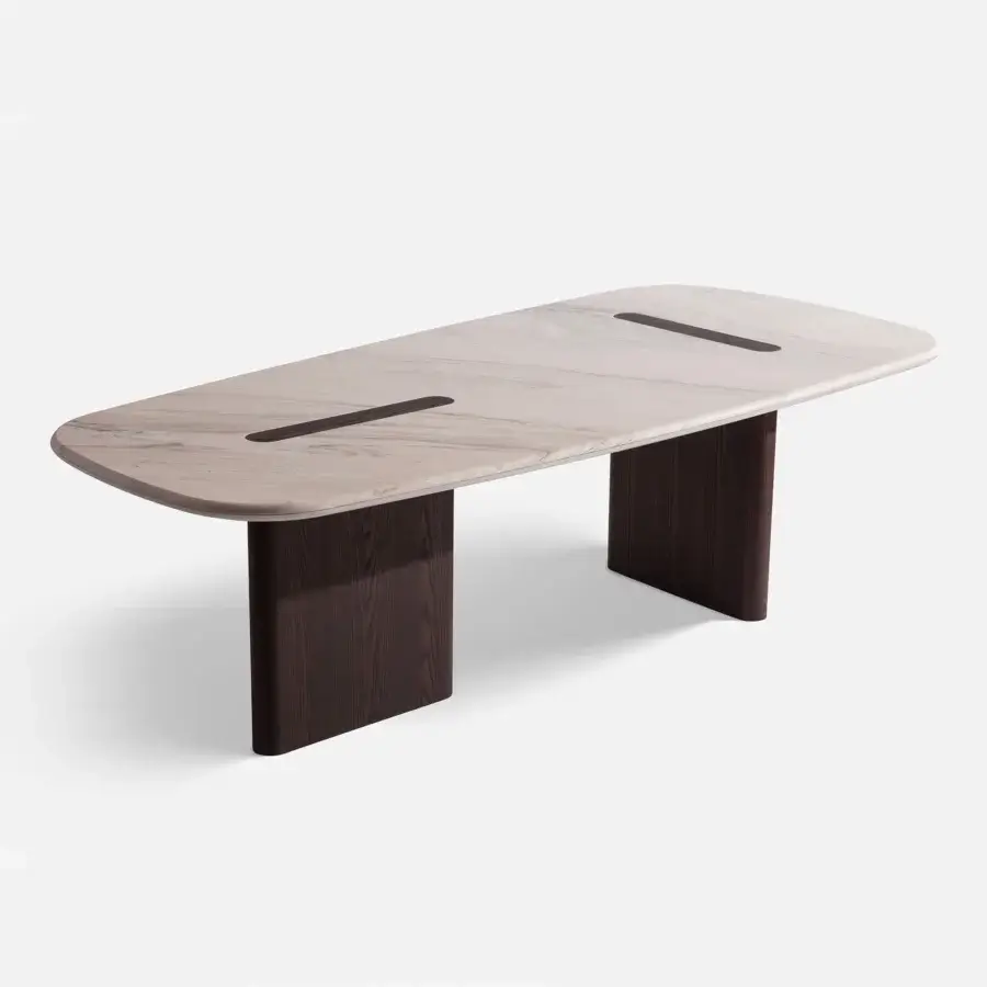 Distinguished Carpanese Home Linea T table crafted with light beige marble and dark-toned ash wood legs exhibiting balanced linearity