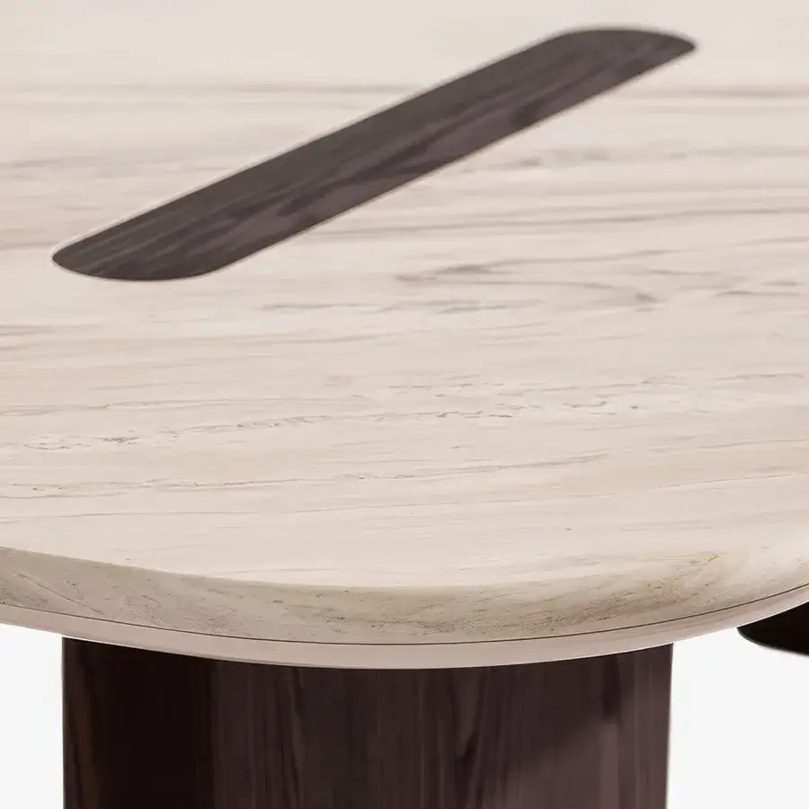 Elegant Carpanese Home Linea T table crafted with beige marble and perpendicularly-set ash wood, exhibiting a glossy finish