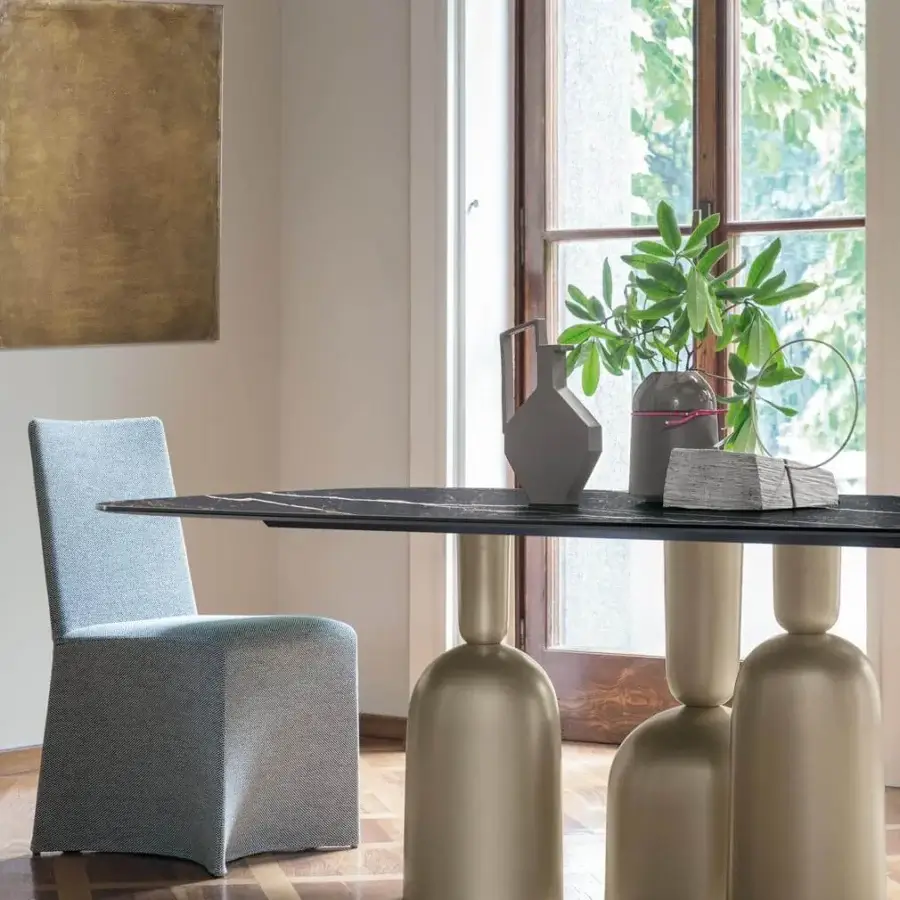 Avant-garde Bonaldo Cop table with a rectangular wood tabletop and light-toned painted metal base crafted in stacked rounded forms
