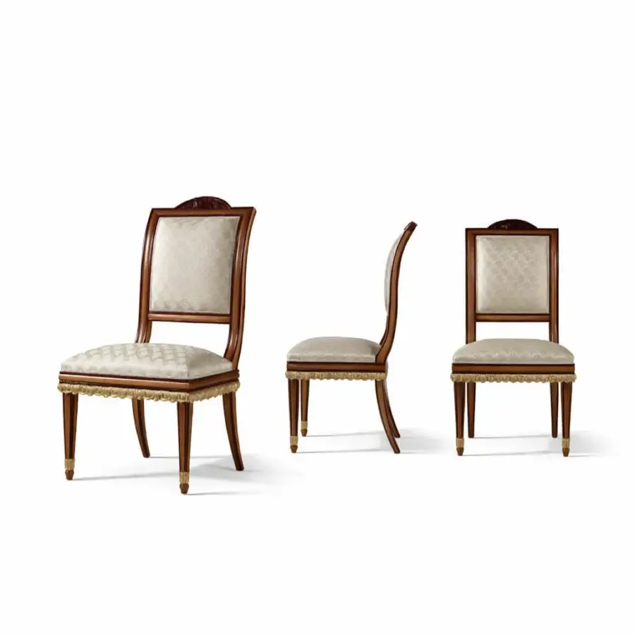 Traditional Armando Rho 1256 chair built with solid maple and amaranth wood, upholstered in beige and gold textile with a warm satin finish