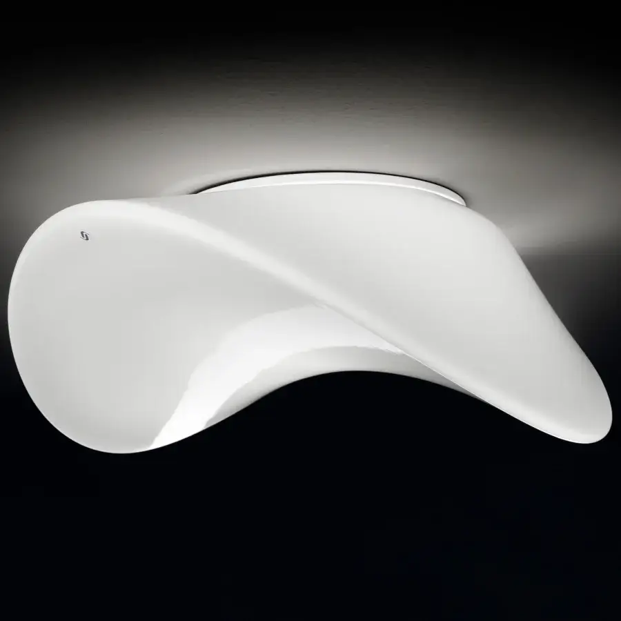 Exceptional Vistosi Balance ceiling lamp crafted in glossy white with hand-blown glass and an asymmetrical form