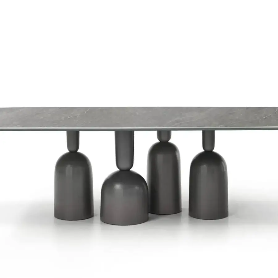 Sophisticated Bonaldo Cop table with a grey stone-like wood top and dark grey matte-finished stacked metal legs