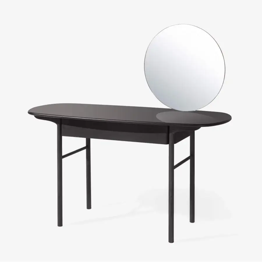 Superior Carpanese Home Delorean vanity crafted with ash wood in matte black lacquer and completed with a natural circular mirror
