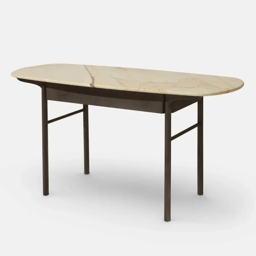 Superior Carpanese Home Delorean Light console with curved marble top and muted brown ash wood legs crafted in Italy