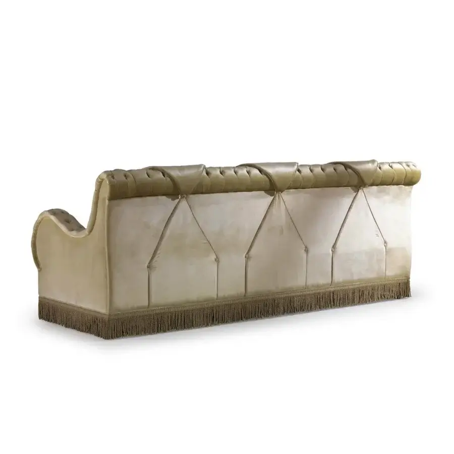 Superior Armando Rho A1294 sofa crafted in luminous green velvet with gentle tufting and a tailored bottom skirt