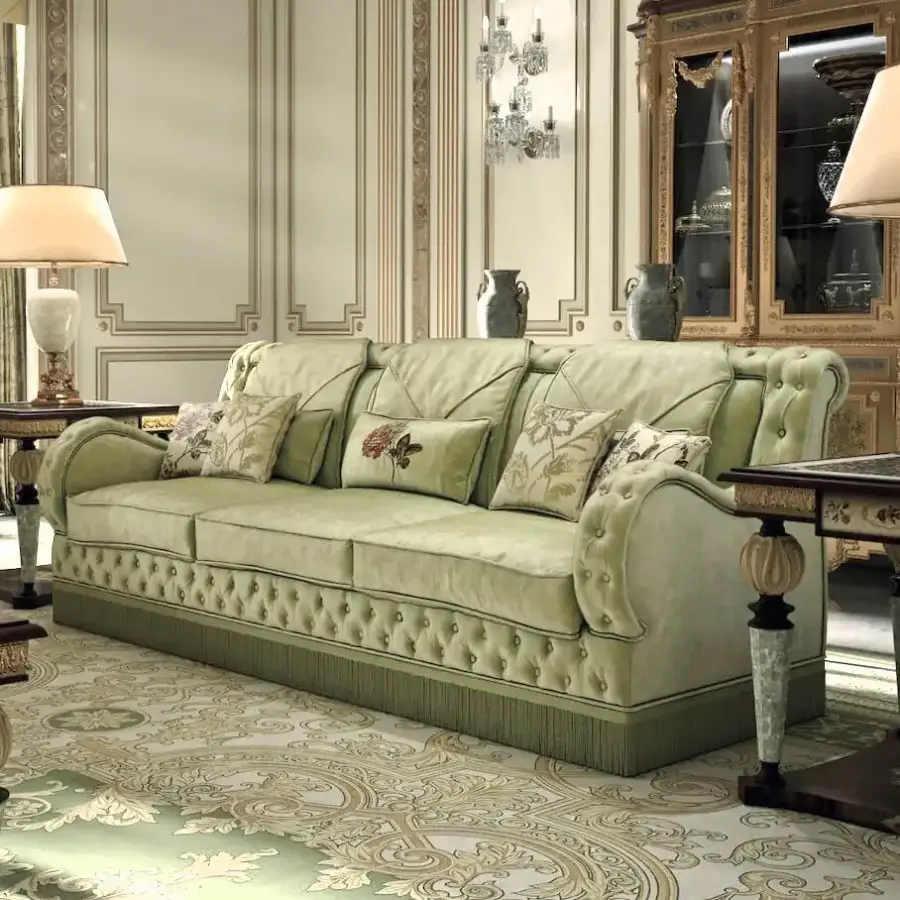 Distinguished Armando Rho A1294 sofa crafted in luminous green velvet with sculpted arms and gently tufted base cushions