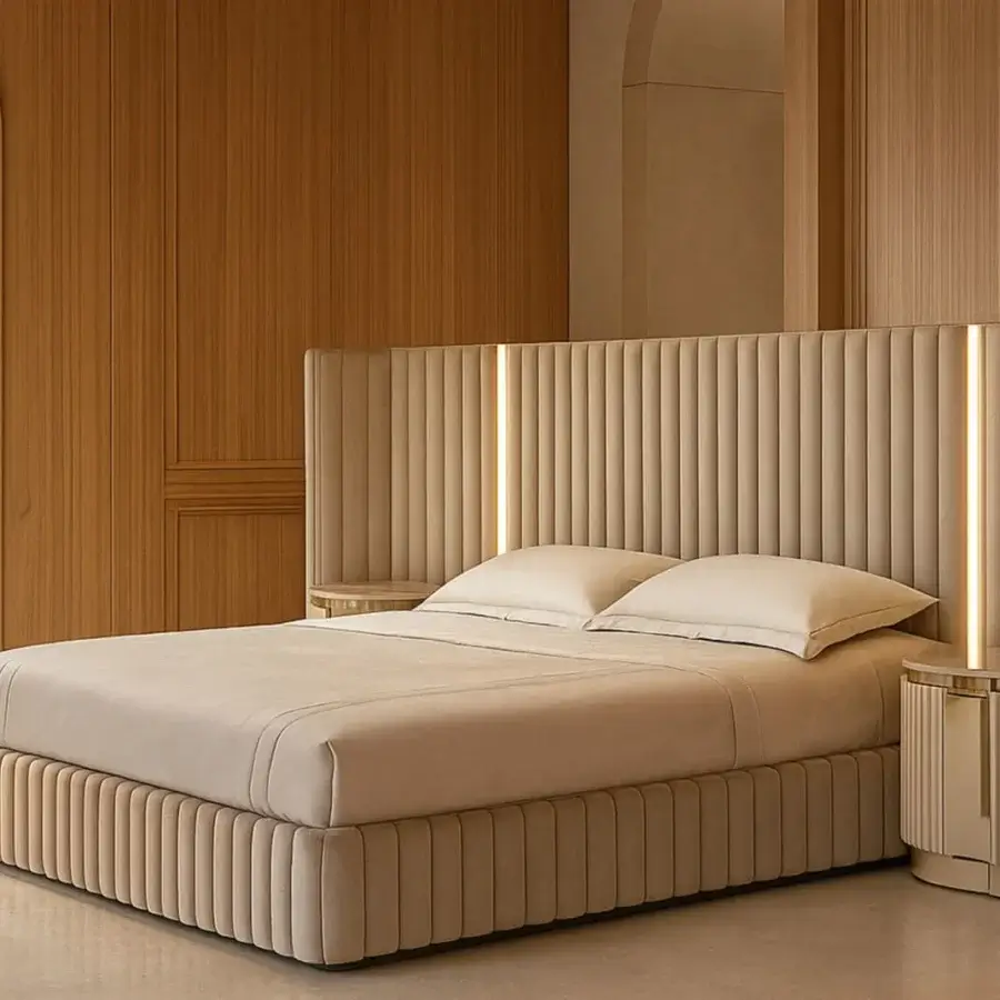 Lavish Visionnaire Leonardo bed crafted in neutral beige textile with gilded metal and meticulous vertical detailing