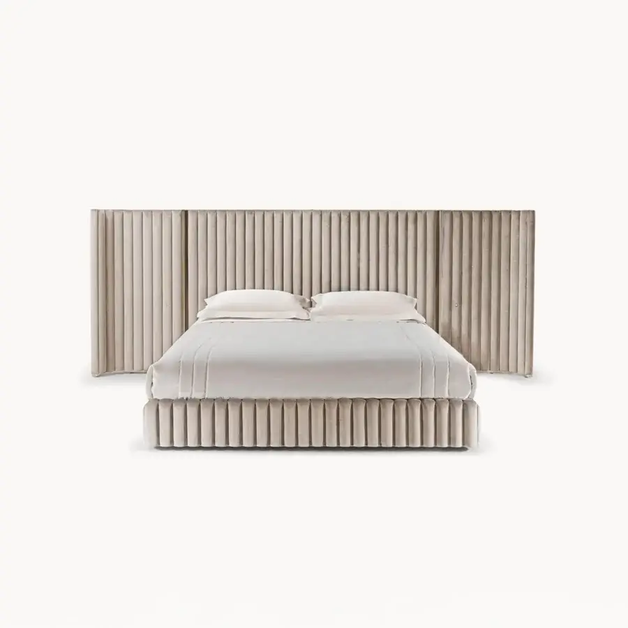 Superior Visionnaire Leonardo bed crafted in textured matte beige velvet with delicate embroidery and dynamic steel detailing