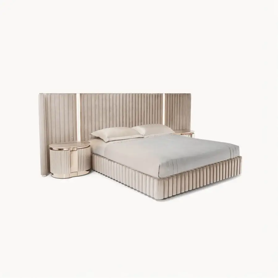 Distinctive Visionnaire Leonardo bed upholstered in matte textured neutral beige textile with polished gold-tone steel and integrated lighting