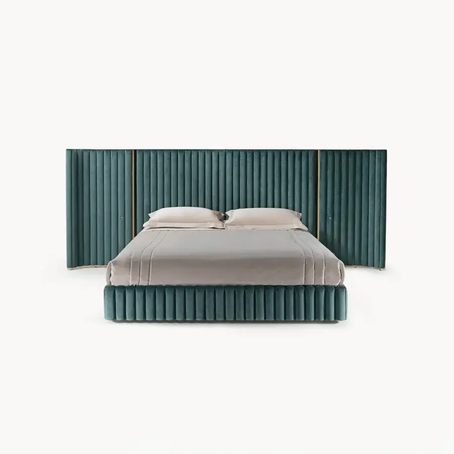 Lavish Visionnaire Leonardo bed upholstered in deep teal textile with meticulous artisanal detailing and subtle gold-toned metal accents
