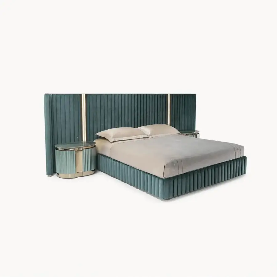 Elegant Visionnaire Leonardo bed upholstered in matte teal velvet with Japanese-inspired embroidery and polished steel detailing
