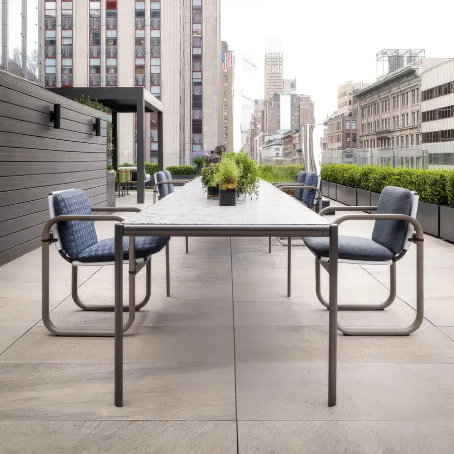 Distinguished Giorgetti Aldìa table crafted in metal with a neutral gray tabletop and smooth matte finish