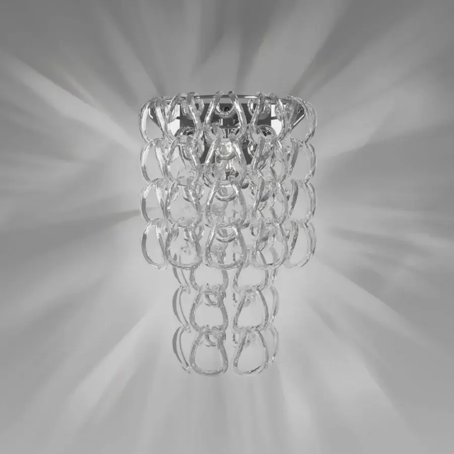Superior Vistosi Giogali wall lamp crafted with cascading interconnected rings of clear Murano glass and glossy finish