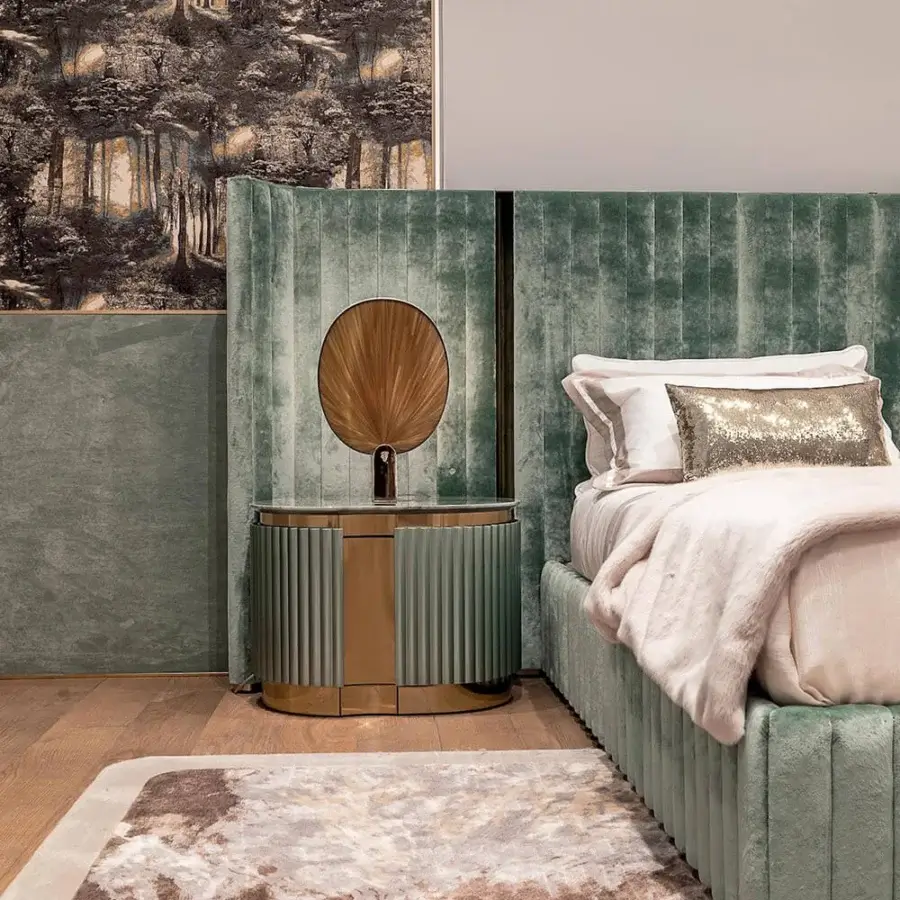Sophisticated Visionnaire Leonardo nightstand with teal cabinet, canneté detailing and polished gold accents built with a marble top
