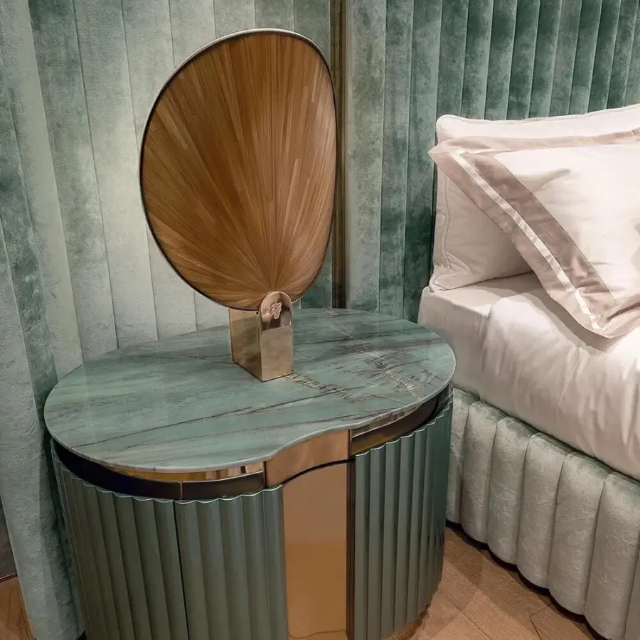 Distinguished Visionnaire Leonardo nightstand with teal marble, canneté drawer front and polished curved stainless steel accents