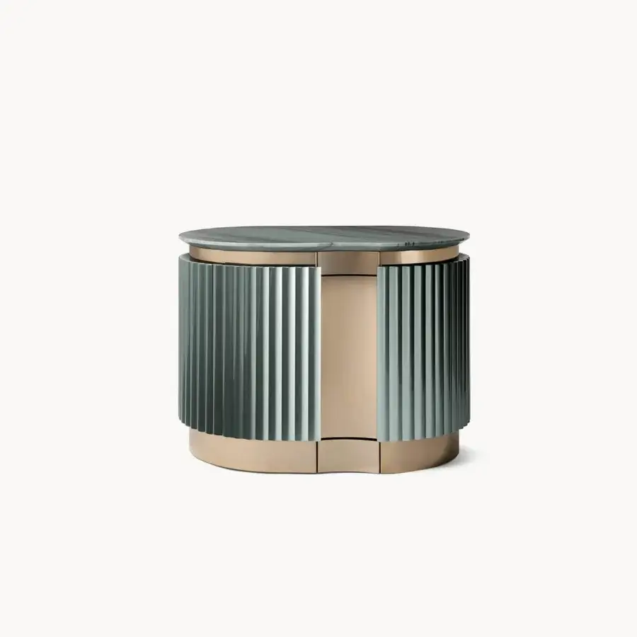 Superior Visionnaire Leonardo nightstand in teal canneté with beveled grey veined marble and curved stainless steel accents
