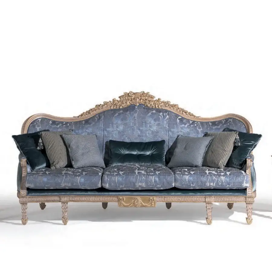 Lavish Armando Rho A1315 sofa crafted in muted blue floral textile with meticulously carved wood and opulent gold leaf finish