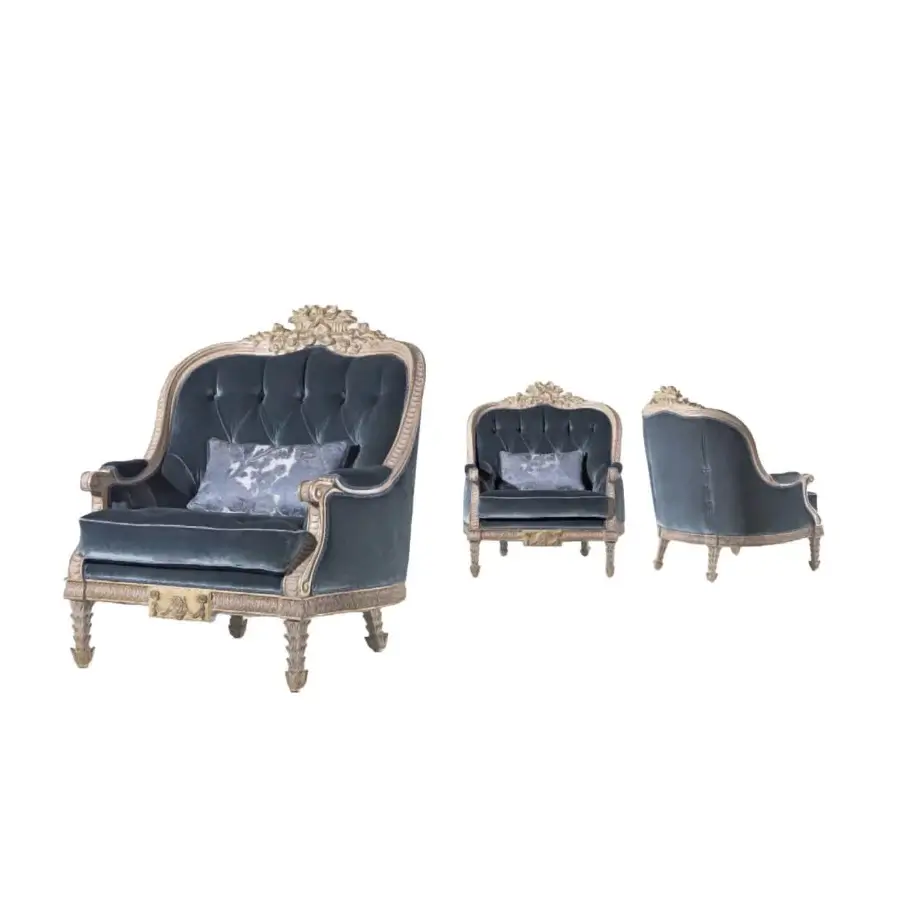 Distinguished Armando Rho A1316 lounge chair handcrafted with dark teal upholstery and radiant gold leaf finished wooden frame