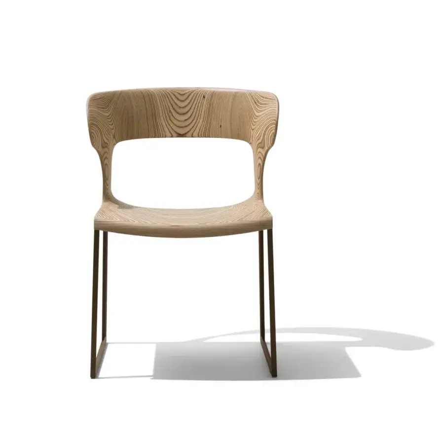 Elegant Giorgetti Gea chair with a geometric carob powder-coated stainless-steel frame and satin-finish birch plywood seat