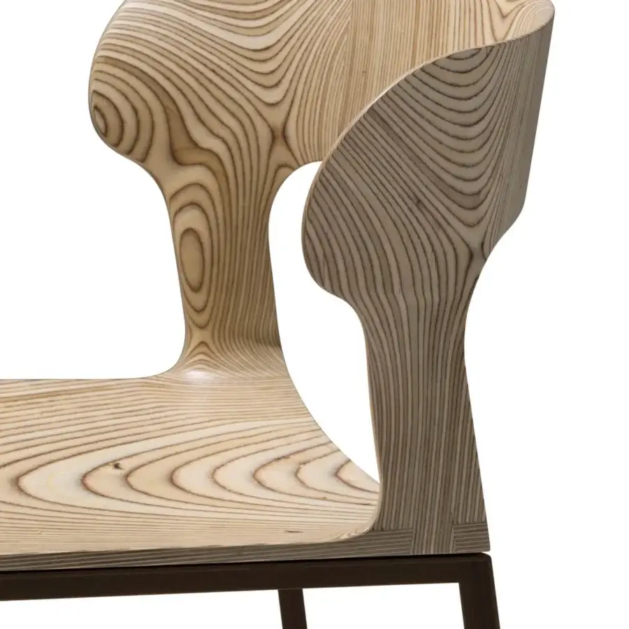 Superior Giorgetti Gea chair with a geometric stainless-steel frame powder-coated in carob and refined birch plywood seat