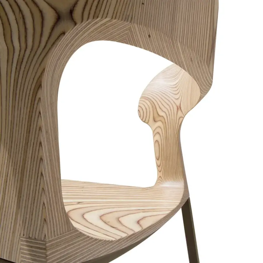 Exclusive Giorgetti Gea chair with a sculptural form built in carob powder-coated stainless steel and refined birch plywood
