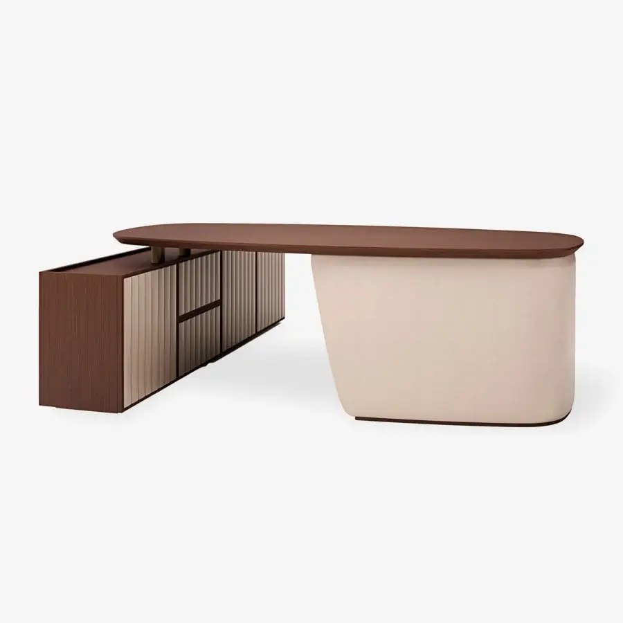 Distinguished Carpanese Home Arthur desk with a medium-toned brown wood tabletop and soft light beige leather upholstery in satin sheen