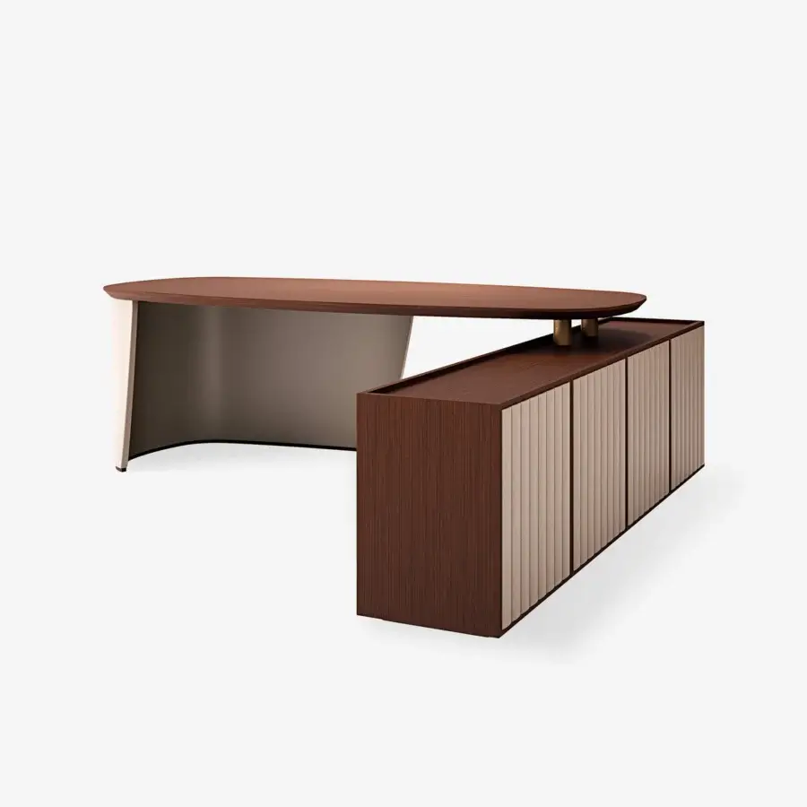 Exceptional Carpanese Home Arthur desk crafted in natural wood with satin finish and premium leather drawer fronts