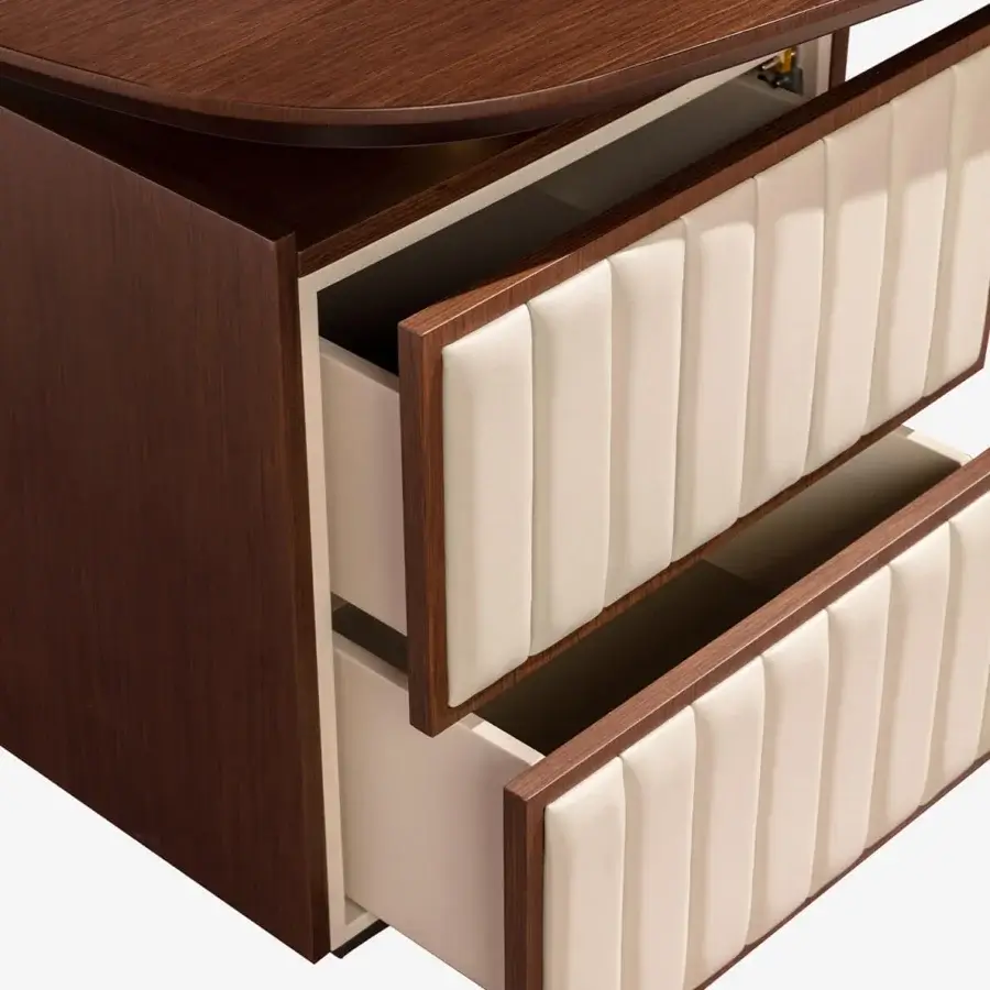 Superior Carpanese Home Arthur desk with leather upholstery and a satin-finish medium-dark brown wooden top crafted in Italy