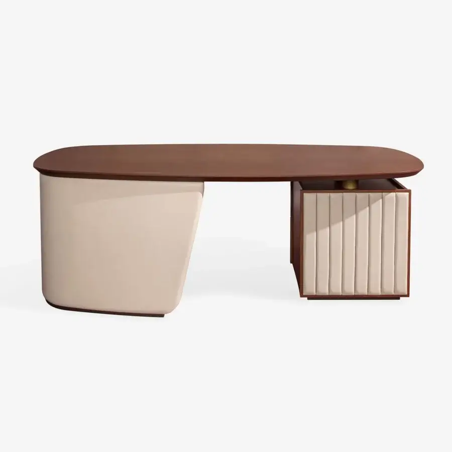 Distinguished Carpanese Home Arthur desk crafted in medium-toned wood with pale beige premium leather and satin brass metal cylinders