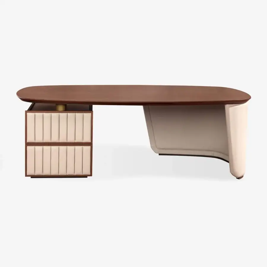 Exceptional Carpanese Home Arthur desk crafted in medium-toned wood with stitched leather drawer fronts and a satin sheen