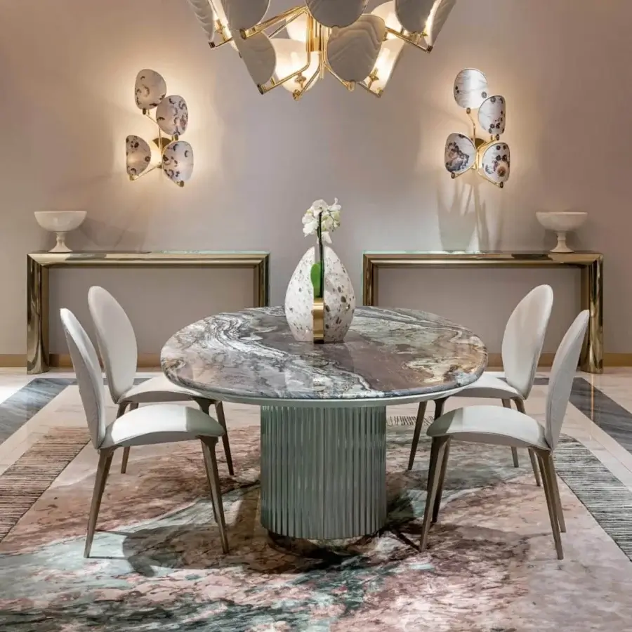 Distinguished Visionnaire Leonardo table with gray marble and vertically ribbed muted green metalwork crafted with a satin finish