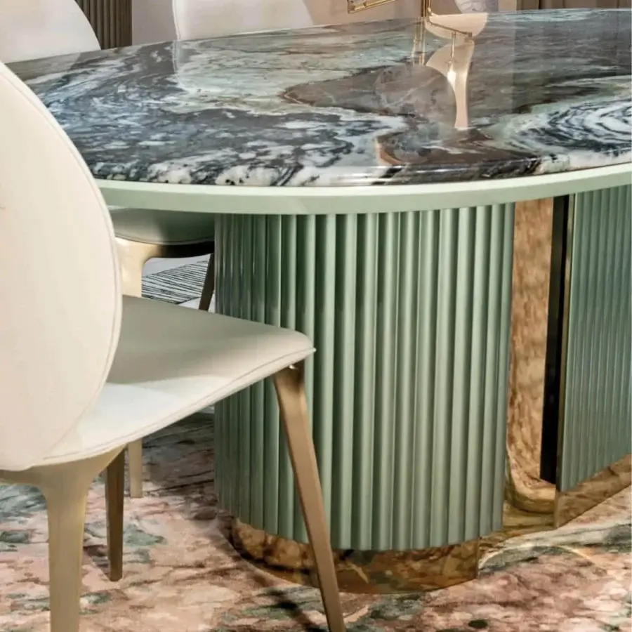 Exceptional Visionnaire Leonardo table with grey and green veined marble, intricate metalwork and a polished stainless steel plinth