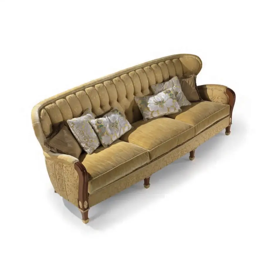 Exceptional Armando Rho A1265 sofa with gold leaf accents, textured gold and beige textile, and a tufted backrest
