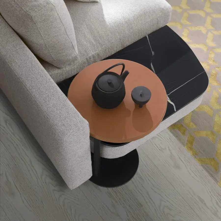 Superior CTS Salotti For You side table with terracotta leather and black marble detail in matte black painted steel