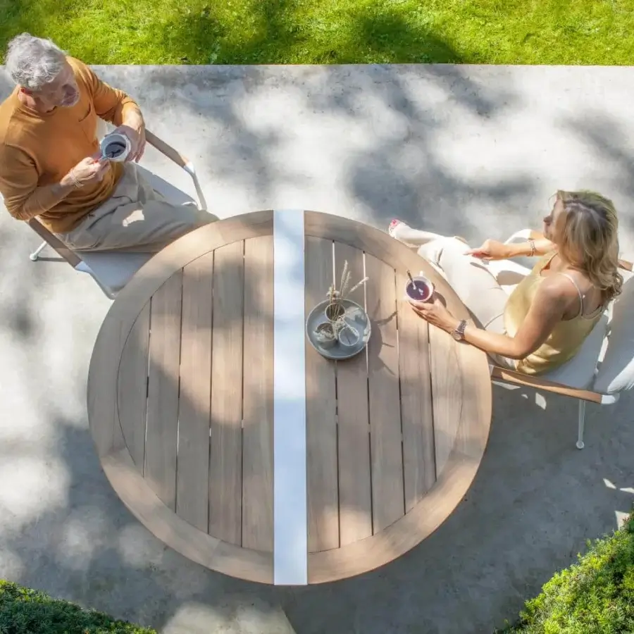 Exclusive Royal Botania Traverse folding table with light brown teak wood tabletop and white coated aluminum base