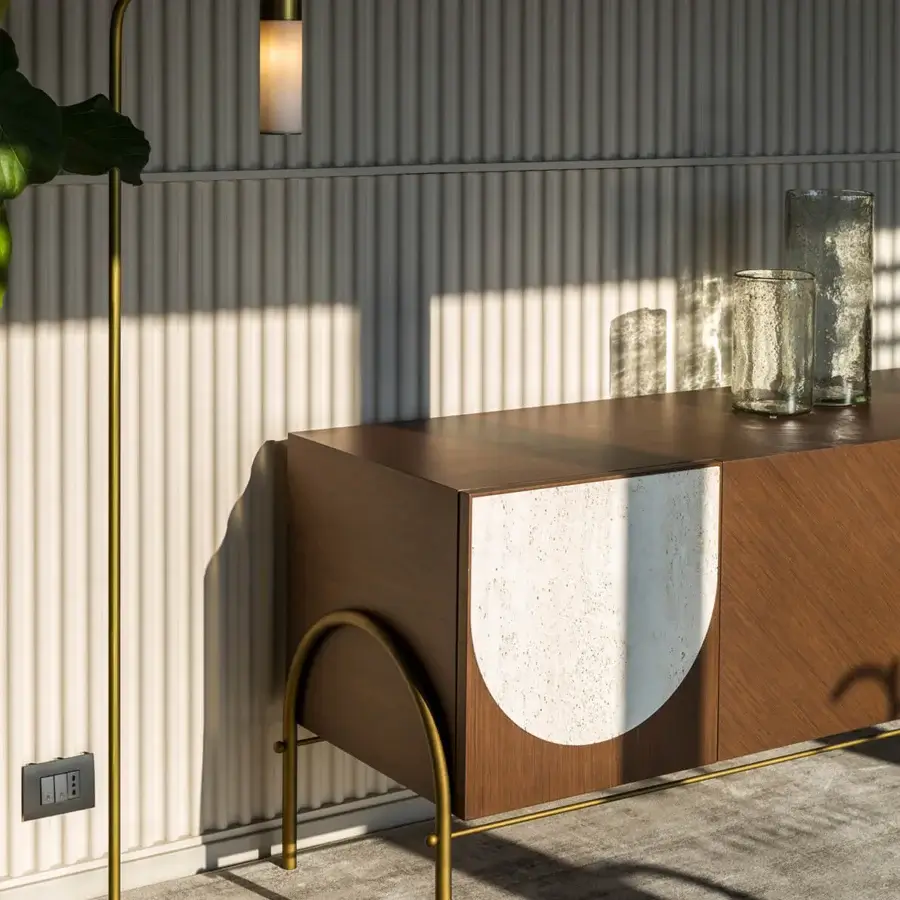 Superior Carpanese Home Alma L sideboard crafted in wood with colored lacquer and oval marble inlays with gold-toned metal accents