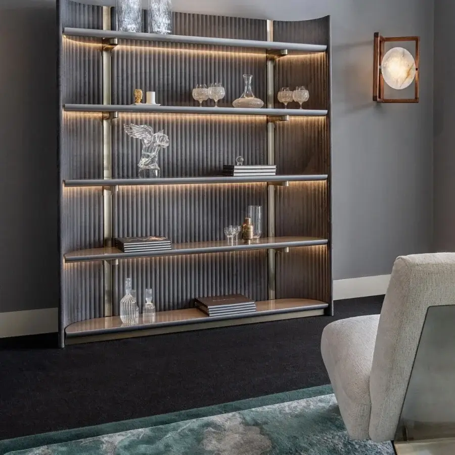 Superior Visionnaire Leonardo bookcase built with muted gray ‘canneté’ stripes, warmer wood shelves and gold-finished metal supports
