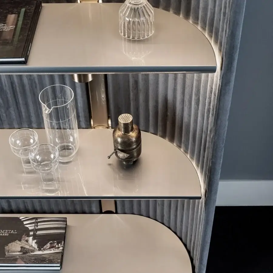 Exceptional Visionnaire Leonardo bookcase with a neutral beige metal frame and shaped MDF panels in ‘canneté’ stripes with a glossy finish